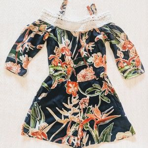 Navy and Orange 3/4 sleeve Floral Romper